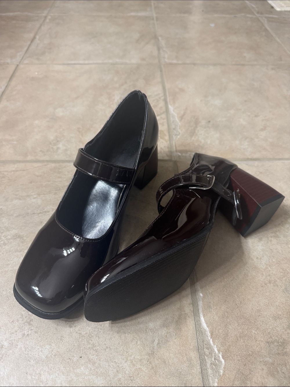 Patent Mary Jane Block Heels in Dark Brown